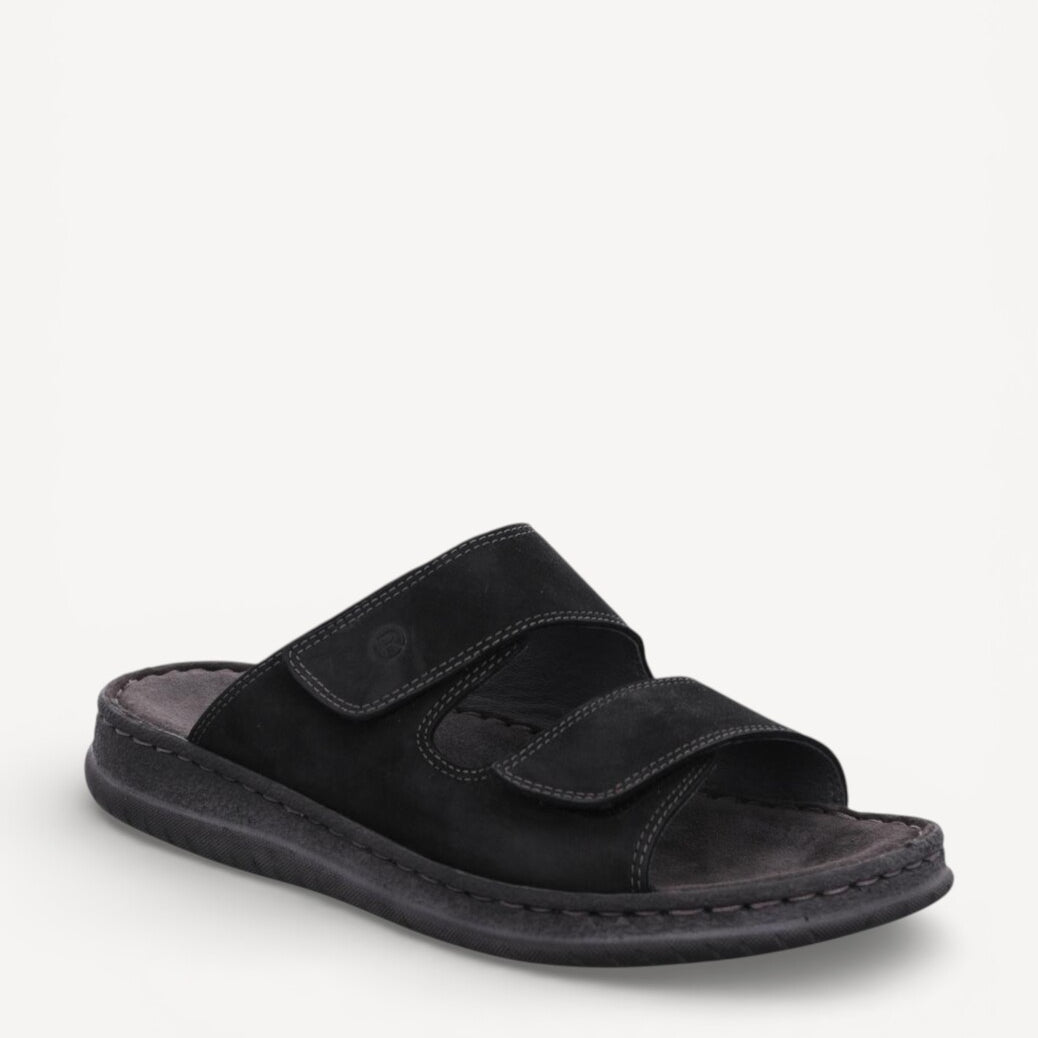 HE SLIPPER/SAND-Zwart leer